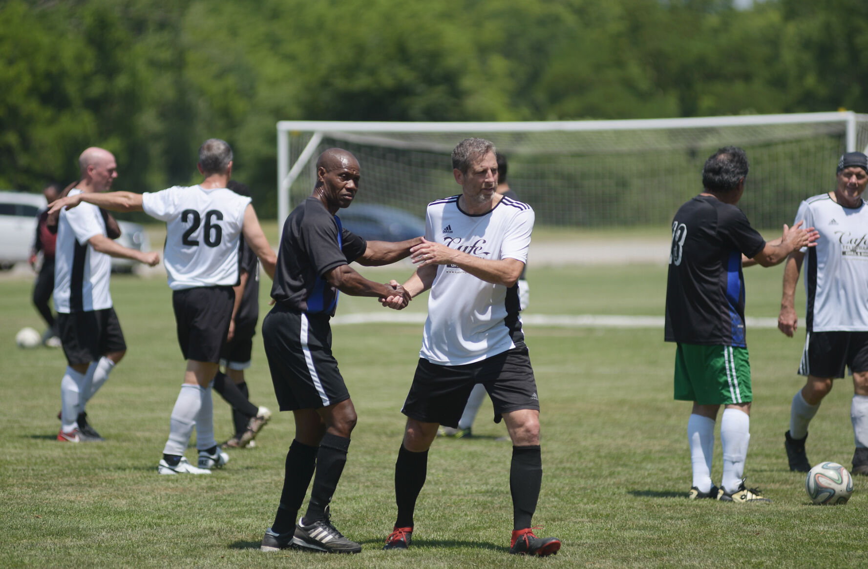 Soccer players shake hands after the game